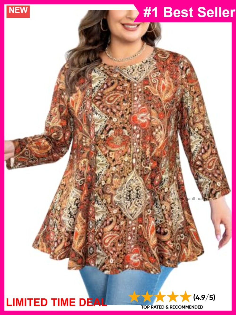 Plus Size Swing Tunic Top 3/4 Sleeve Flowy Blouse